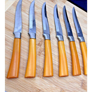 Vintage Bakelite Stainless 6 pc Washington Forge Serrated knives Butterscotch